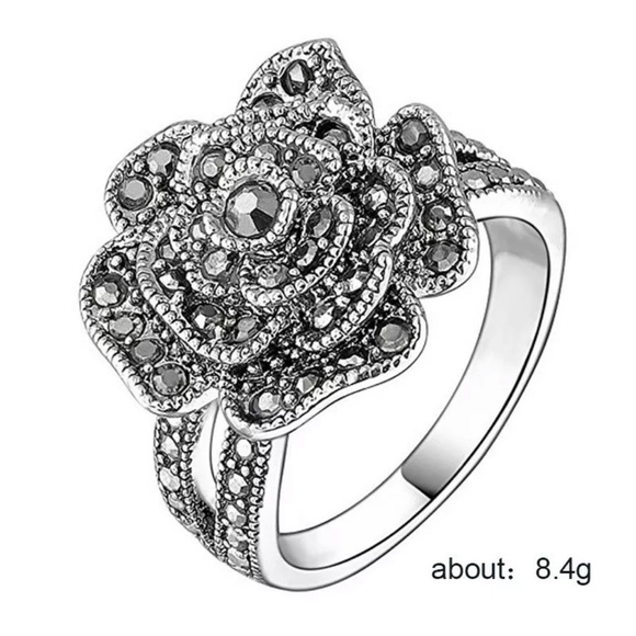 Flower Ring 925 Silver Black Sapphire Ring - Picture 3 of 4